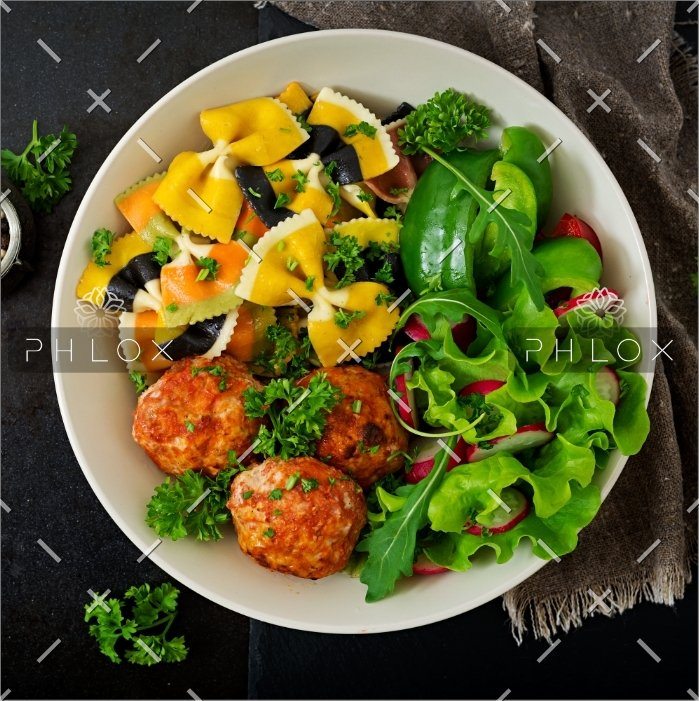 farfalle-pasta-durum-wheat-with-baked-meatballs-PQBKRNX.jpg